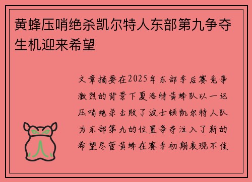 黄蜂压哨绝杀凯尔特人东部第九争夺生机迎来希望
