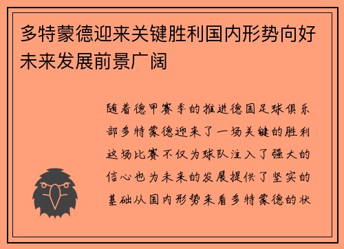 多特蒙德迎来关键胜利国内形势向好未来发展前景广阔